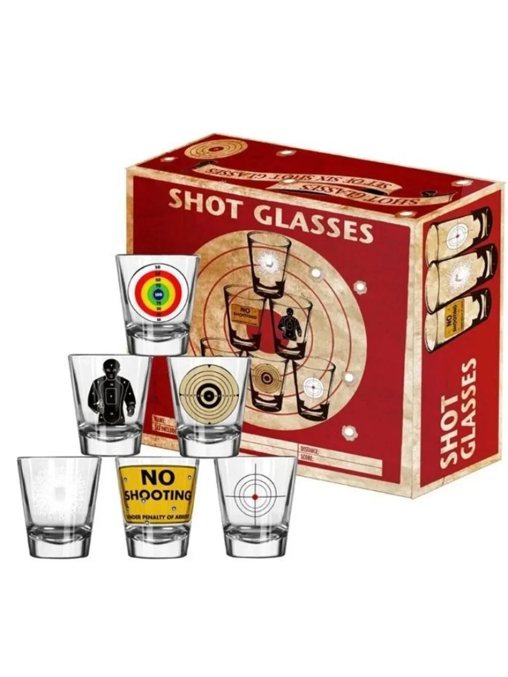 Shot Glasses 6 Piece Shot Glass Set of Targets and Bullet Holes New in Box