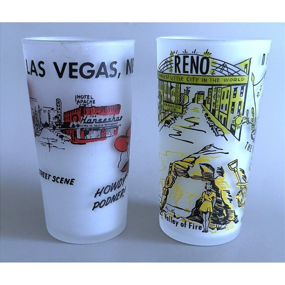 Nevada Vtg 60s Las Vegas & Reno Beverage Frosted Glass Tumblers Enamel Paint 5