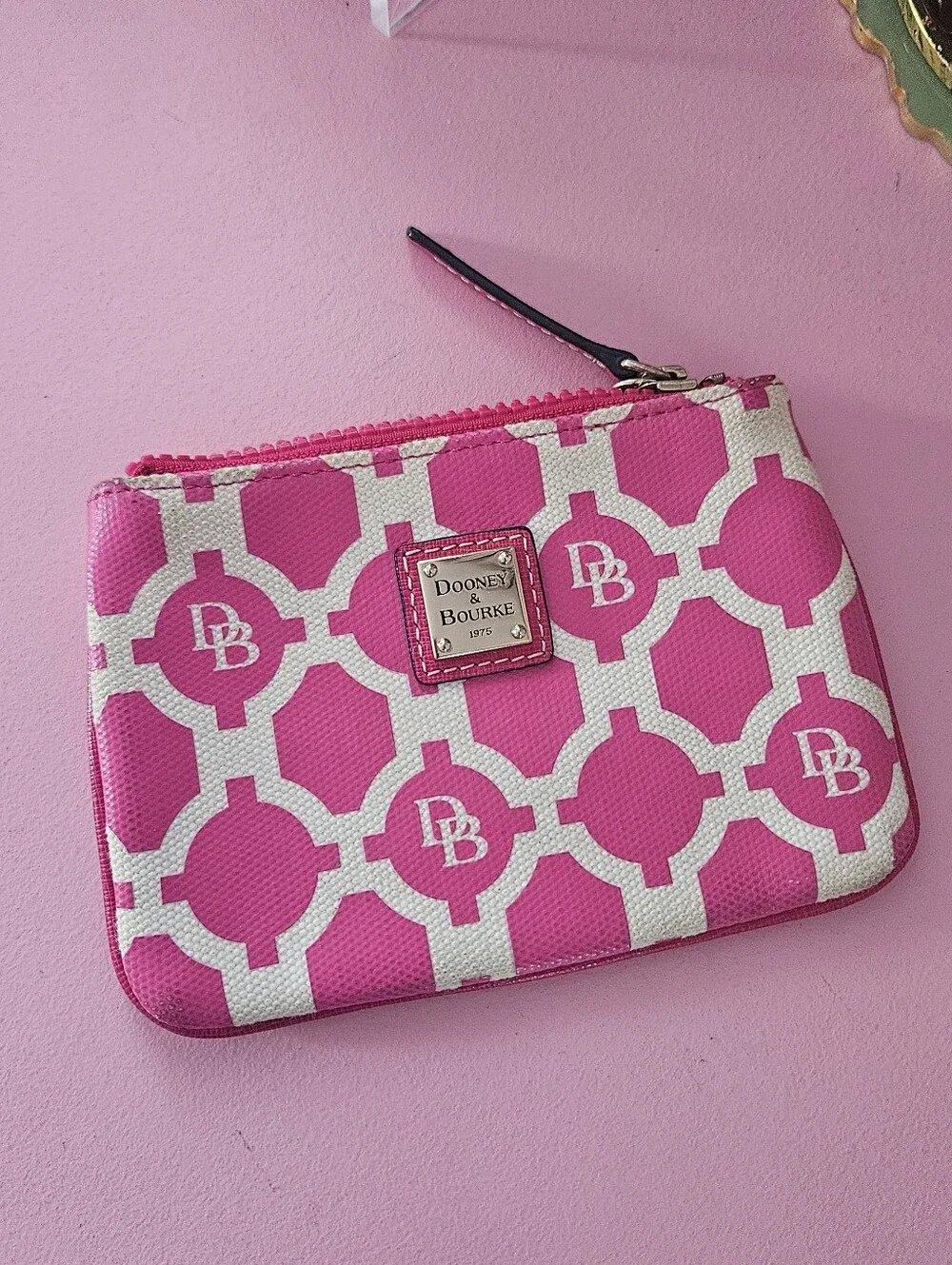 Dooney & Bourke Hot Pink and White Geometric Wristlet Pouch Coin Makeup Bag