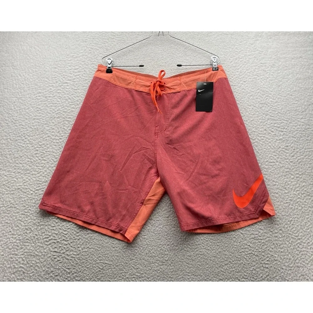 Nike Bathing Suit Mens 34 Red Orange Swoosh Drawstring Swim Shorts Athletic