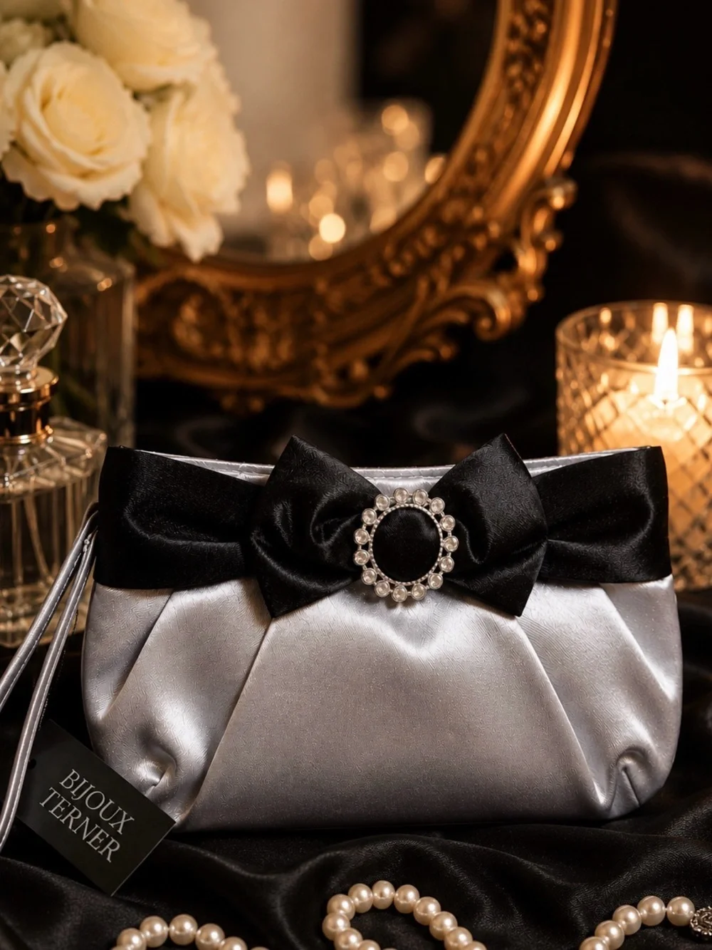 Bijoux Terner NWT Silver & Black Satin Evening Clutch Bag