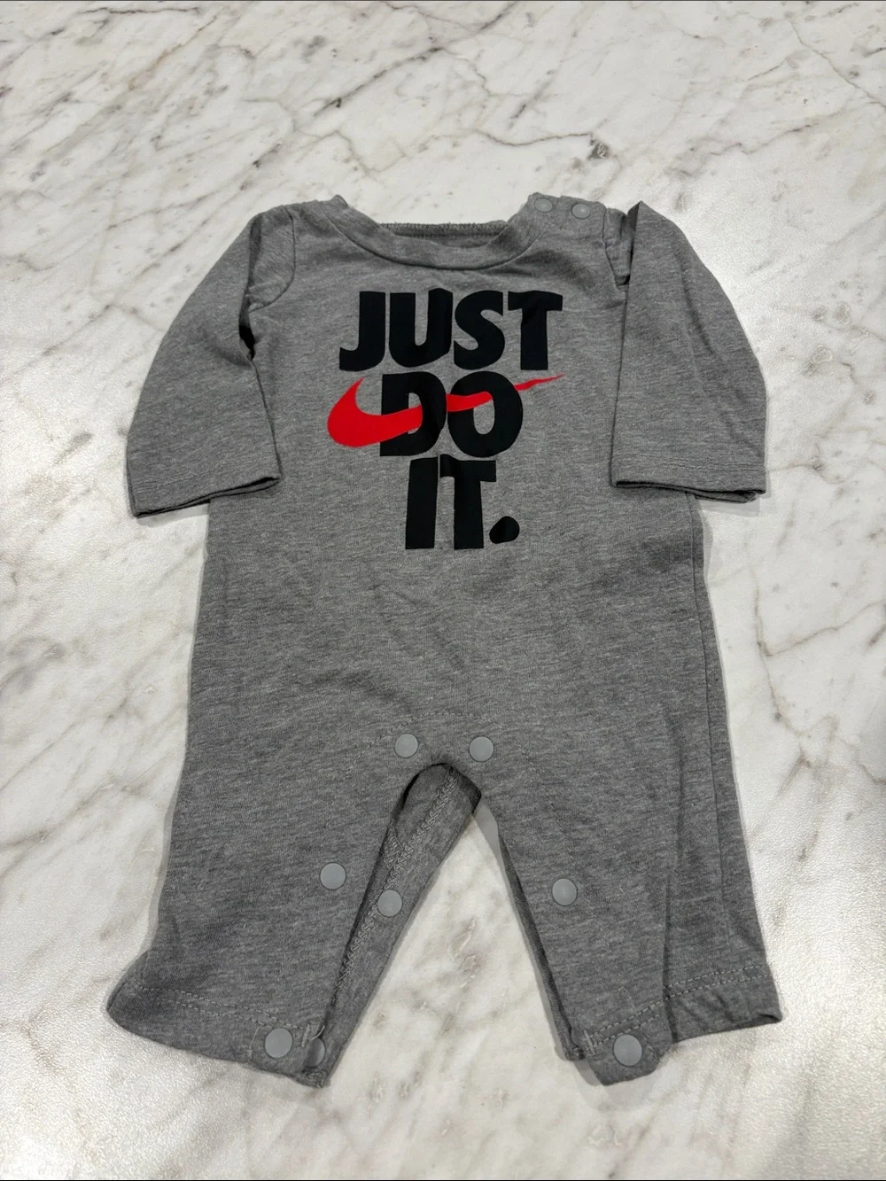 Nike Gray Baby One-Piece with Red Swoosh 'Just Do It'