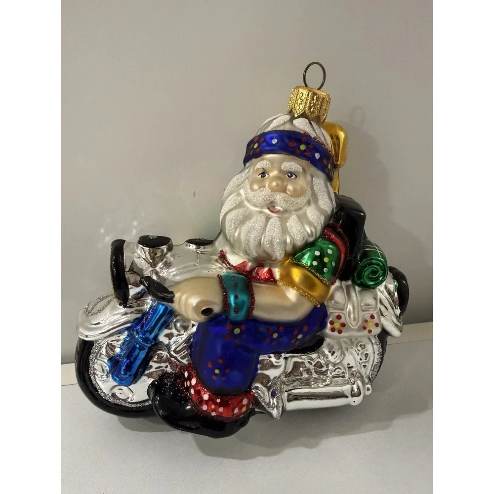 Max Glass Santa Claus Riding Motorcycle Blown Glass Christmas Ornament Poland