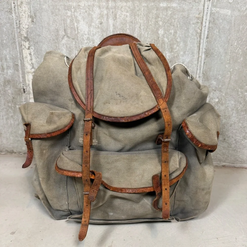 Vintage 50s Military Canvas Rucksack Leather Trim Backpack Olive Drab Norway