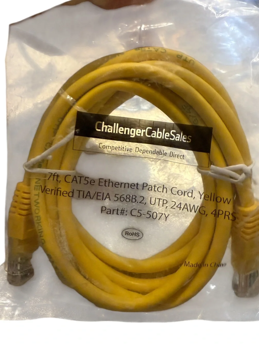 7' CAT5e Ethernet Patch Cord #C5-507Y Challenger Cable 24AWG 4PRS New Sealed Bag