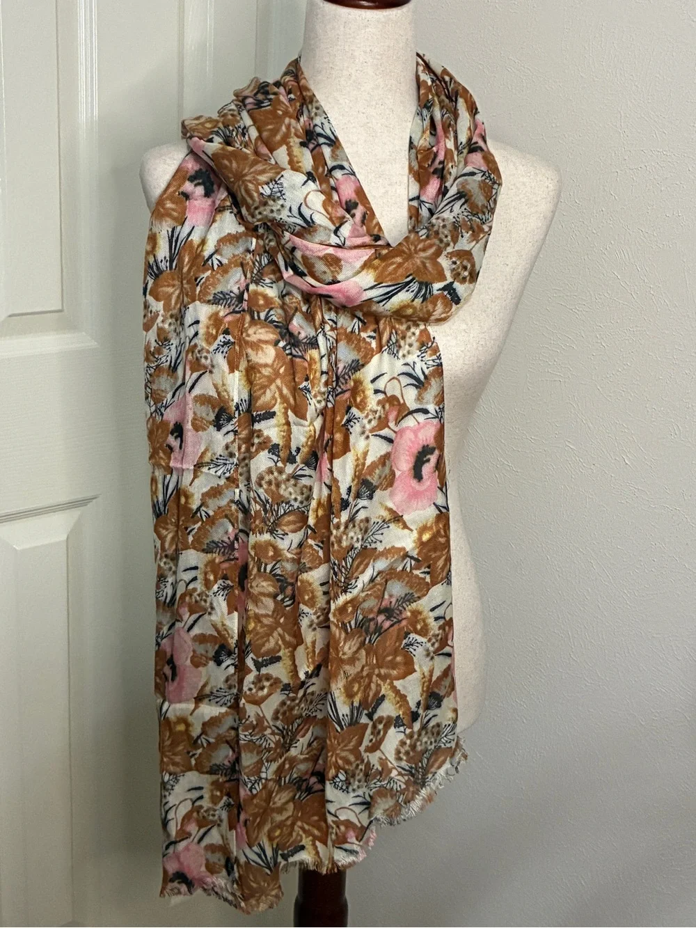 Floral Botanical Scarf Wrap 25” x 68” Blush Pink Camel Brown Lightweight Shawl