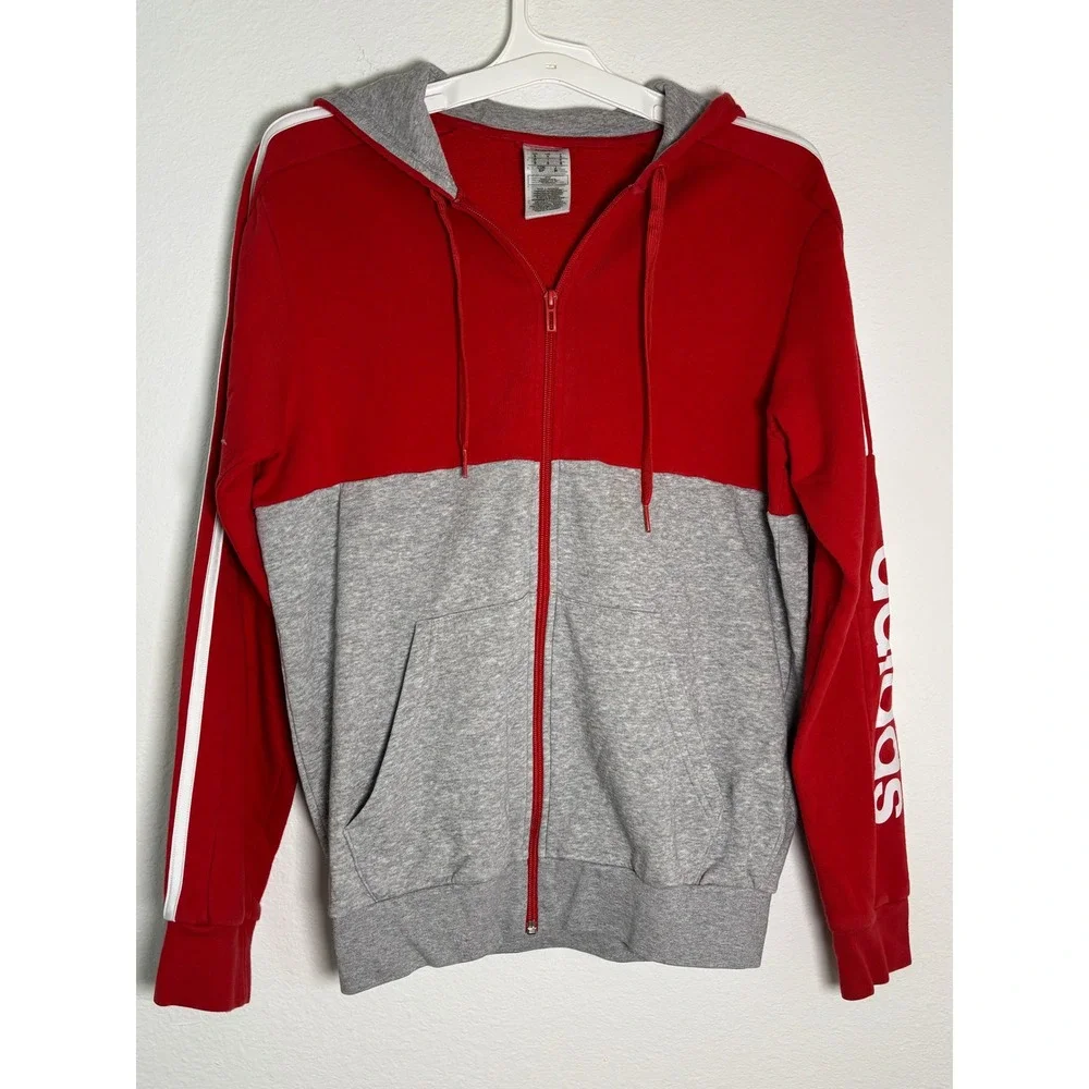 Adidas Mens Full Zip Hoodie Red Gray Colorblock Logo Sleeve Sweatshirt Small