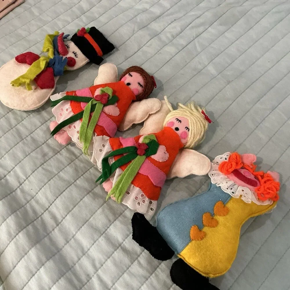 Lot of 4 Handmade Felt Christmas Ornaments Angels Snowman Rag Doll Vintage