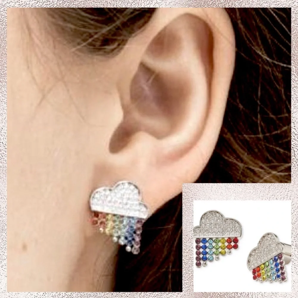 Kate Spade Authentic Into The Sky Raining Cloud Earrings Sliver Stud Multicolor