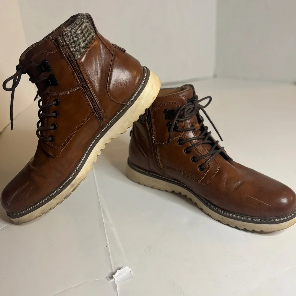Steve Madden Mens Brown Faux Leather Side Zip Combat Boots Tweed Collar Size 13