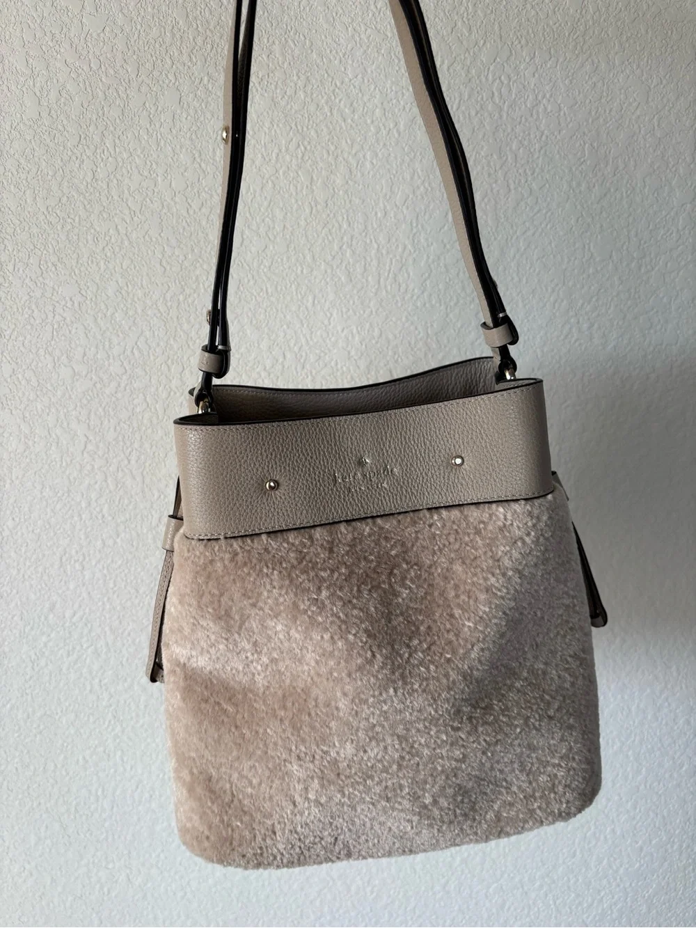 kate spade Beige Shearling & Pebbled Leather Shoulder Bag
