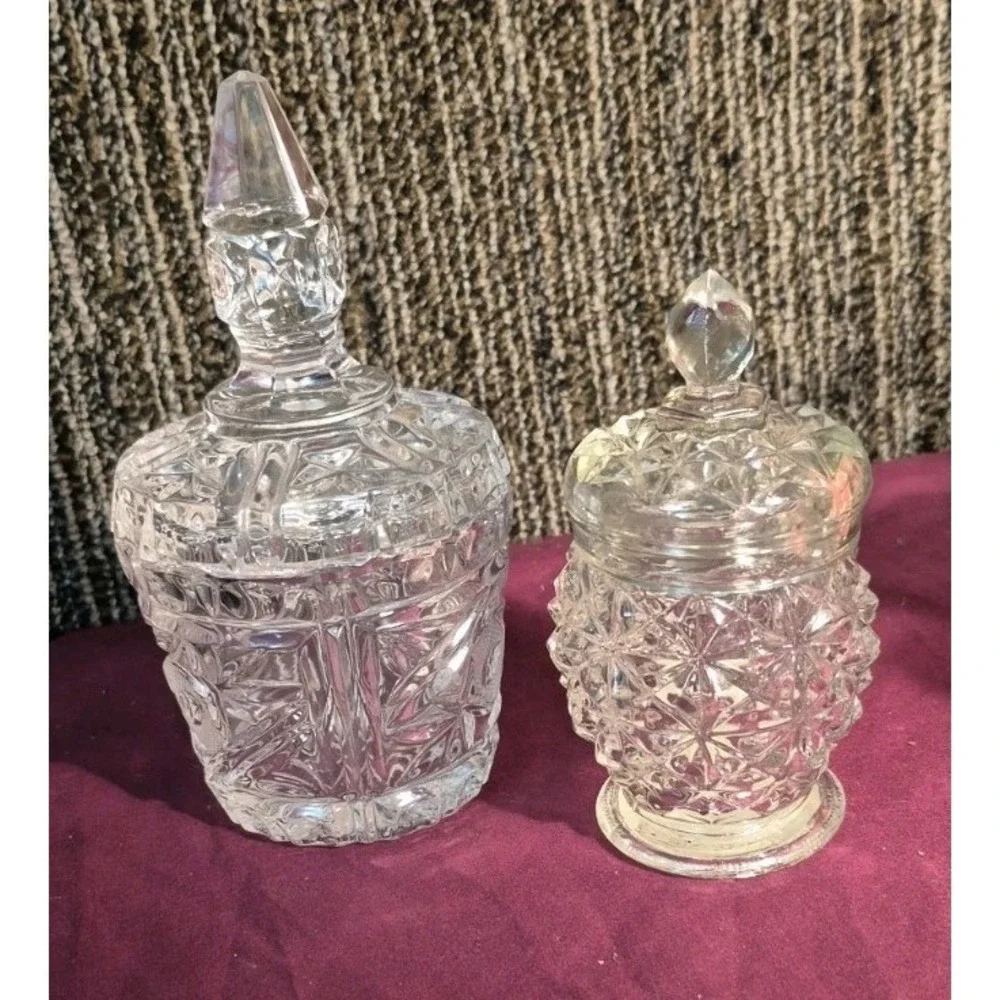 Vintage‎ Avon Crystal Facets Roses Roses Cologne Jar + Glass Decanter Vanity Set