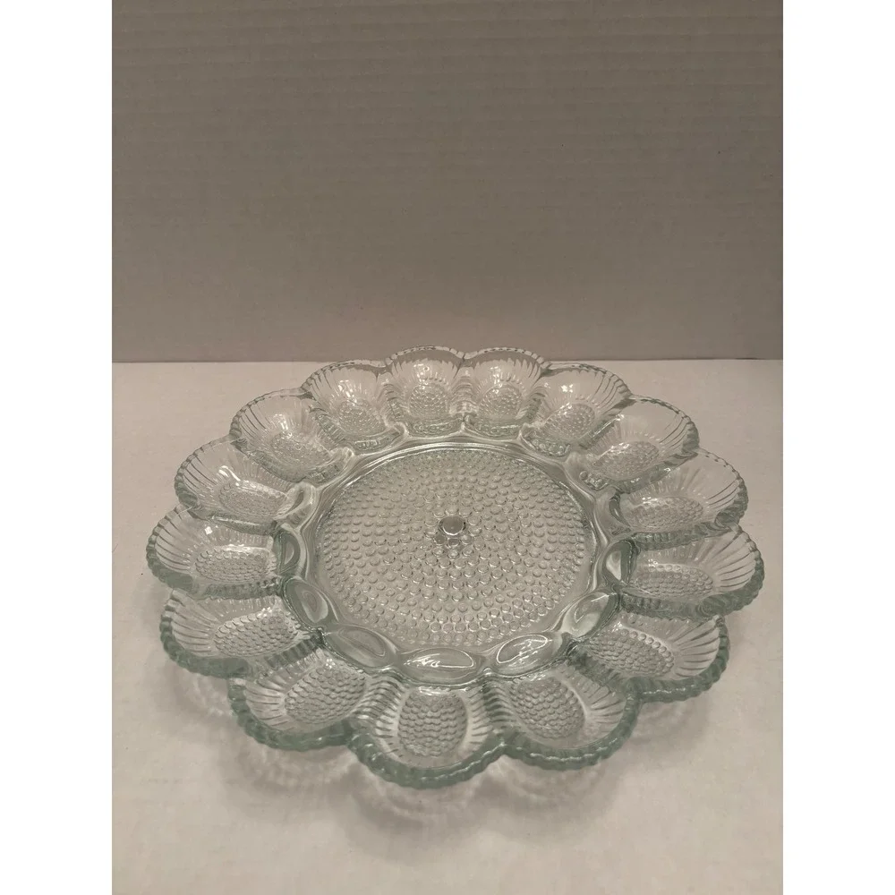 Vintage Clear Pressed Glass Hobnail Deviled Egg Platter 15 Slot Serving Tray 11