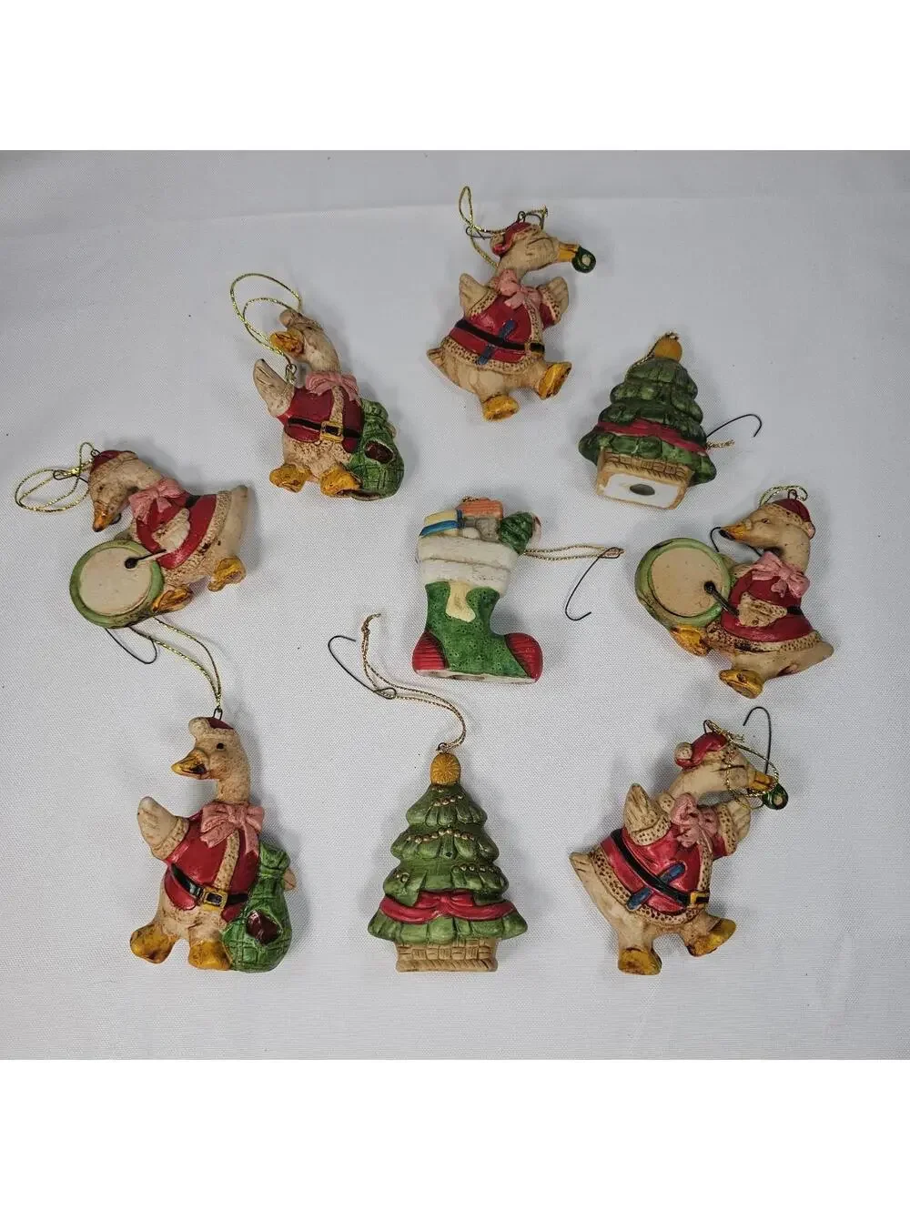 Vintage Porcelain Lot Of 9 Ornaments 3in Goose Playing Instruments Stocking Tree
