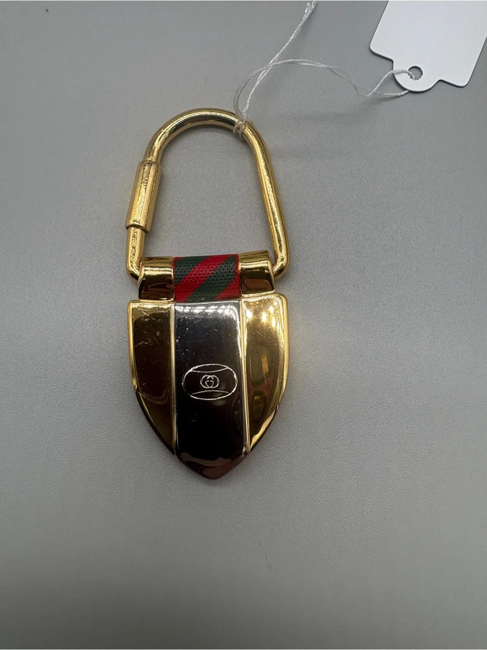Vintage Gucci Rigato Shield Key Ring Web Stripe Gold Tone with COA