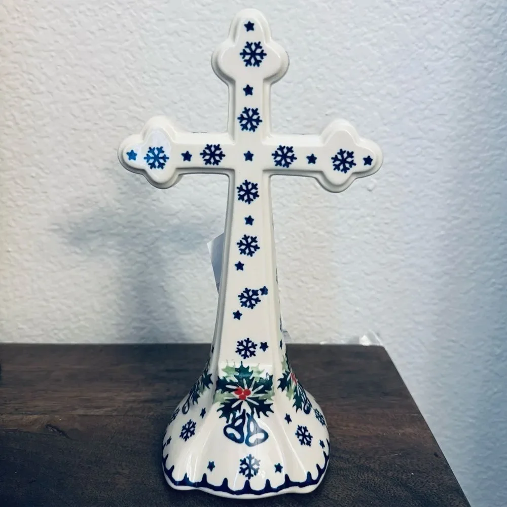 Boleslawiec Polish Pottery Christmas Snowflakes Holly Cross Statue Decor