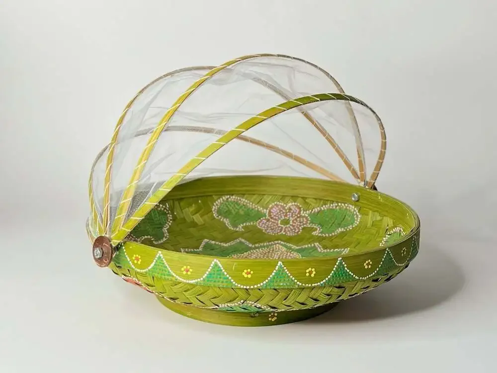Vintage Hand-Woven Bamboo Folding Mesh Food Cover Basket Floral Hand-Painting