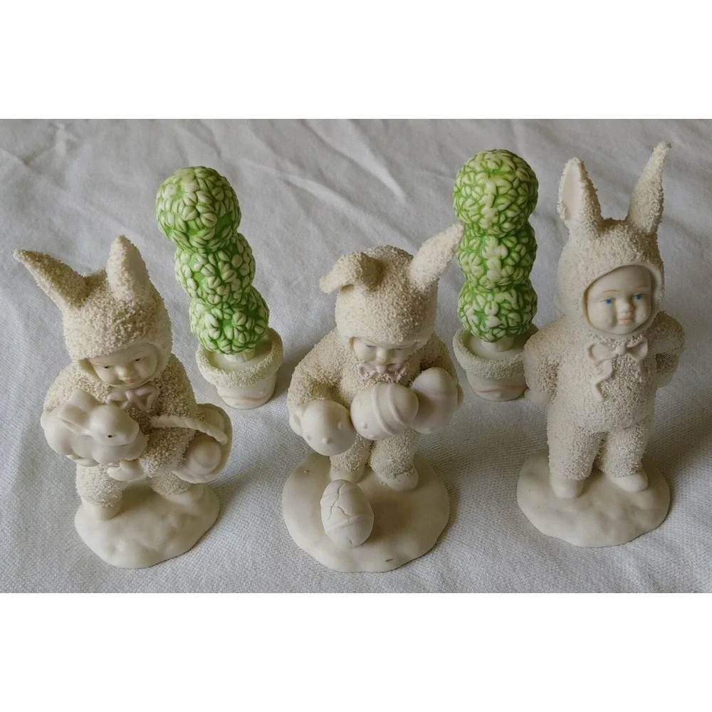 Dept 56 Snow Babies Lot Of 5  Easter Holiday Figurines 1994 1995 With Shrubs