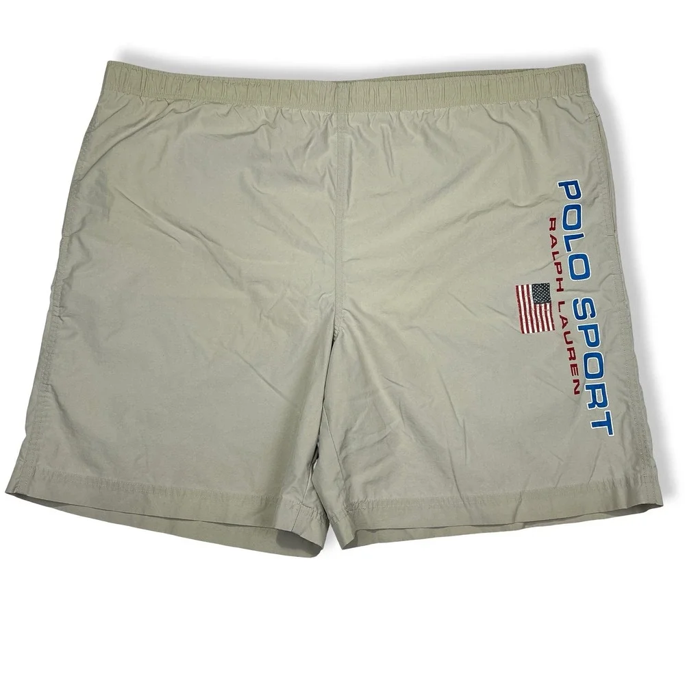 Vintage Polo Sport Ralph Lauren Mens XXL‎ Tan Nylon Swim Trunks USA Flag Logo