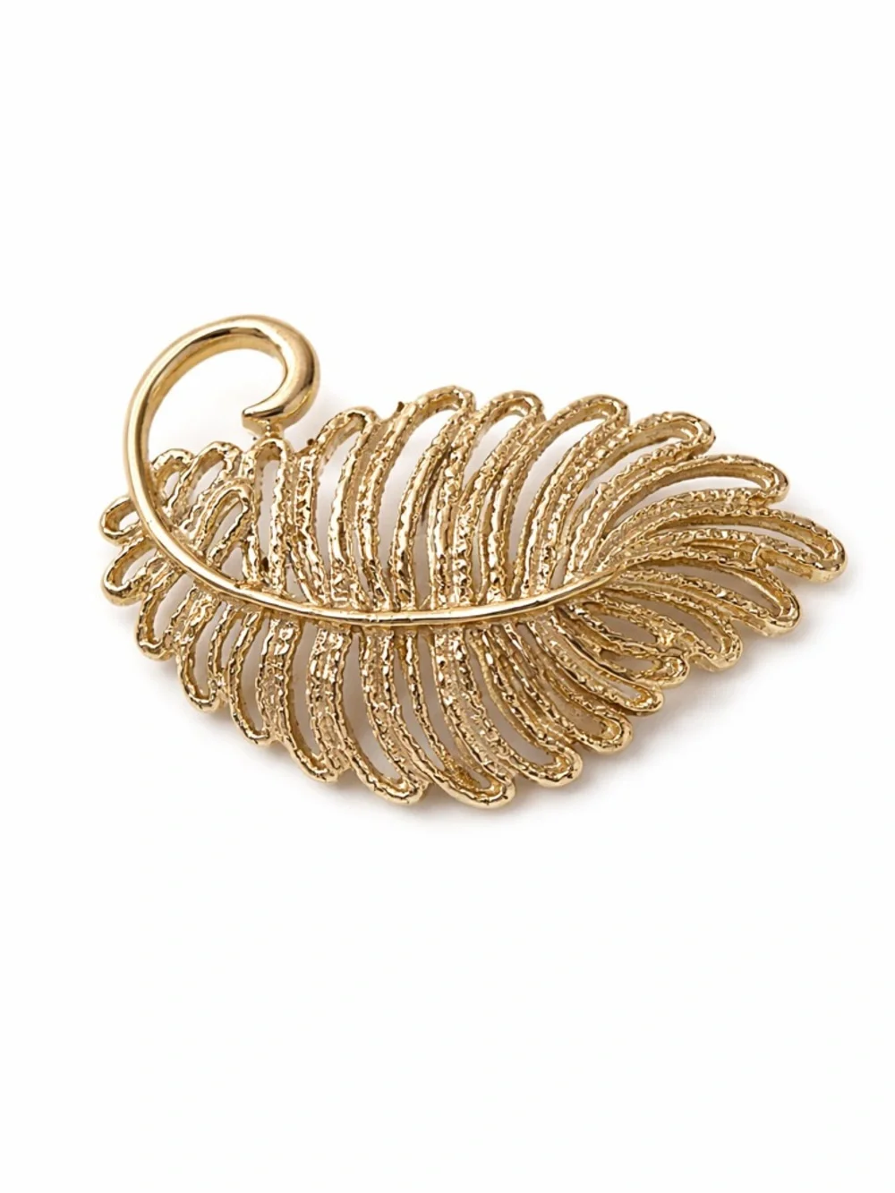 Vintage Gerry's Gold Tone‎ Feather Brooch Rhinestone Textured Leaf Pin Signed