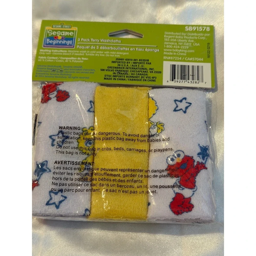 Sesame Beginnings Sesame Street Terry Washcloths 3 Pack Elmo Big Bird SB91578