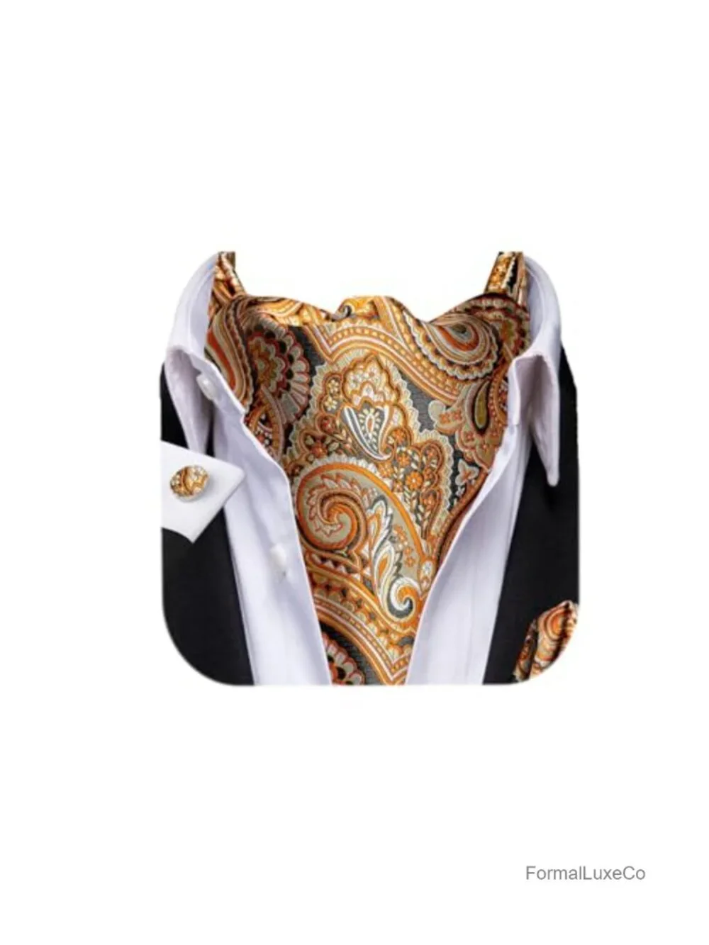 Silk Men's Ascot Tie Set Vest Cravat Pocket Square Cufflinks Wedding