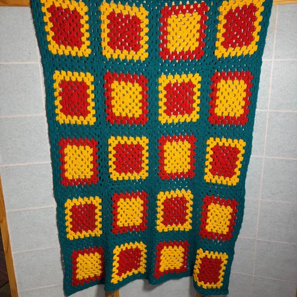 Vintage Crochet Granny Square Blanket Afghan Turquoise‎ Yellow Red Small 59 x 37