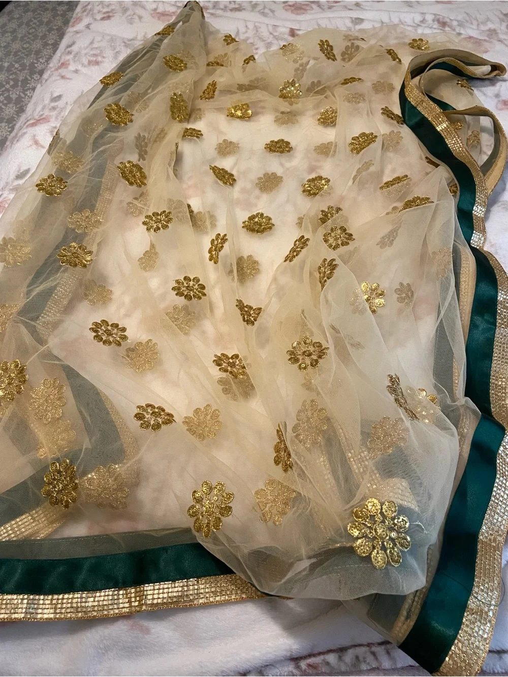 Indian Elegant Floral Gold Sequin Cream and Green Women's Net Scarf Dupatta Veil