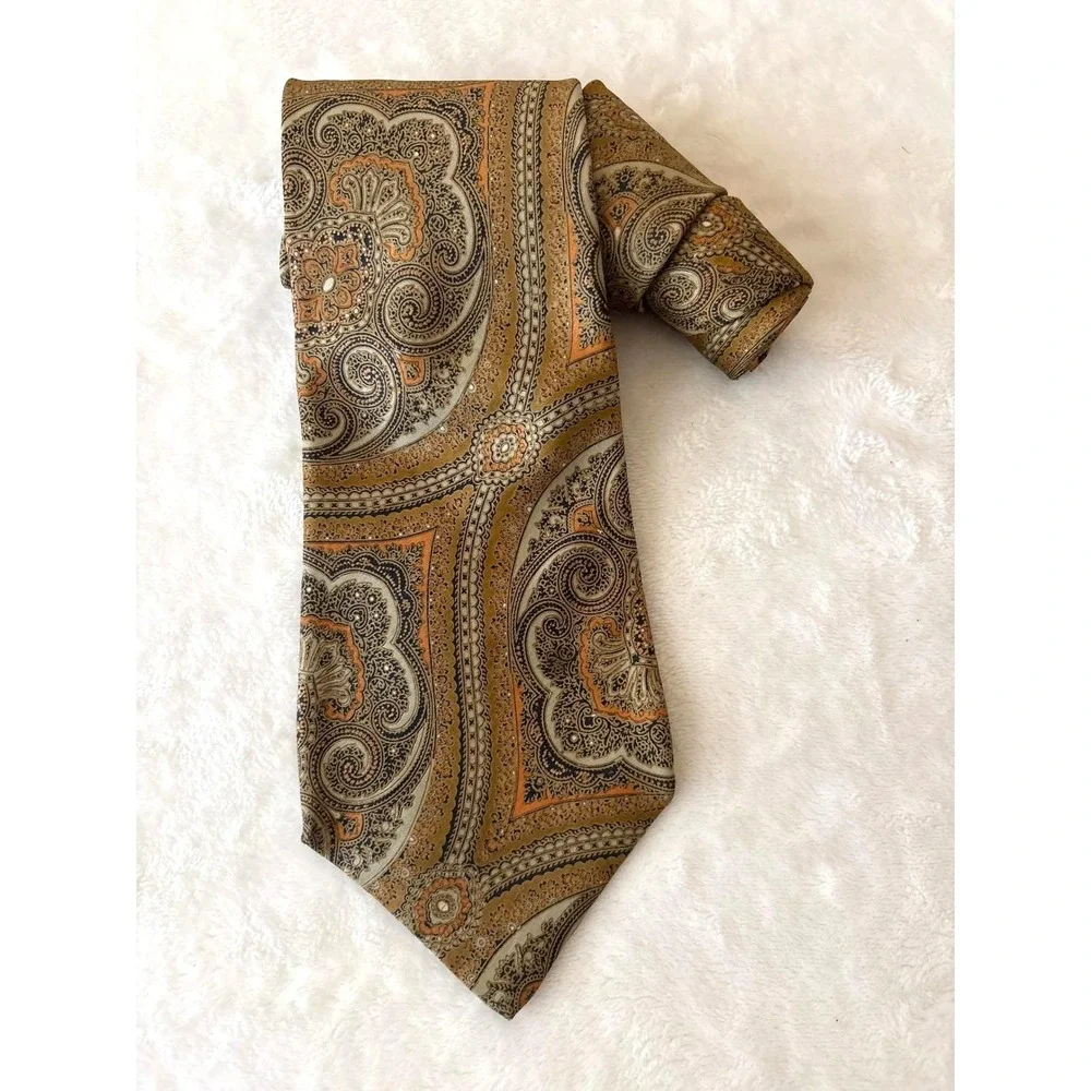 Robert Talbott Carmel by the Sea Silk‎ Paisley Tie Gold Orange Navy Coventry Ltd