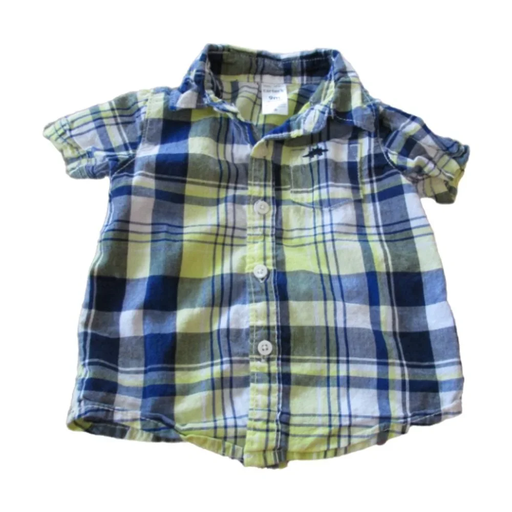 Carters‎ Button Up Shirt Boys Infant 9M Blue Green Plaid Short Sleeve Collar Top