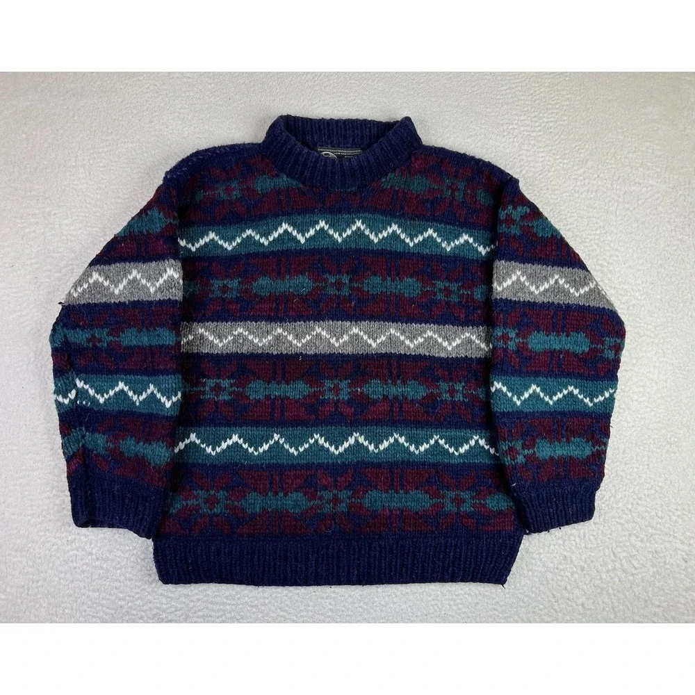 Native American‎ Blue Wool Sweater Winter Warm Knit Fair Isle Ecuador