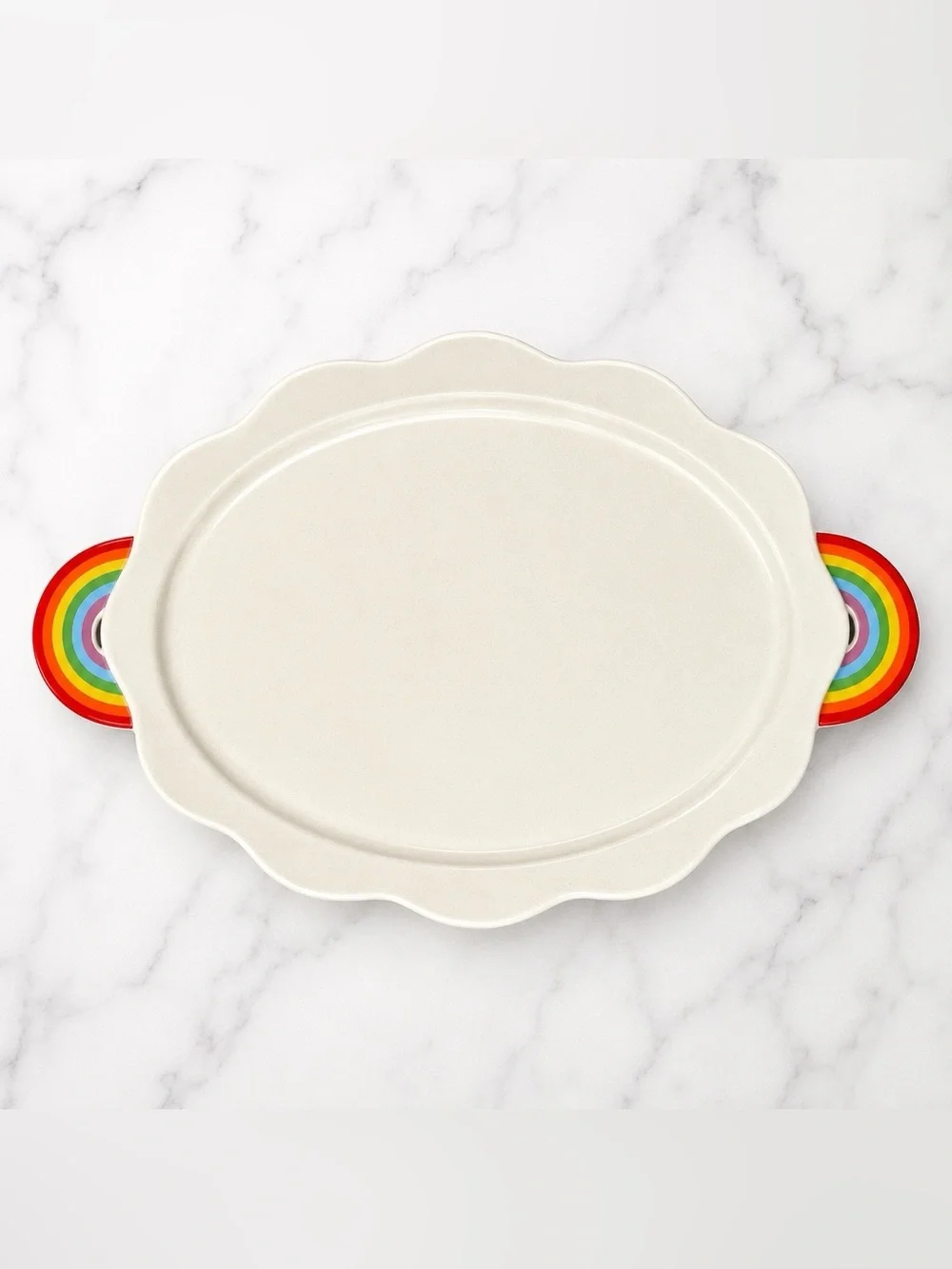 Target Threshold Oval Stoneware Scalloped Serving Tray Rainbow Handles NEW