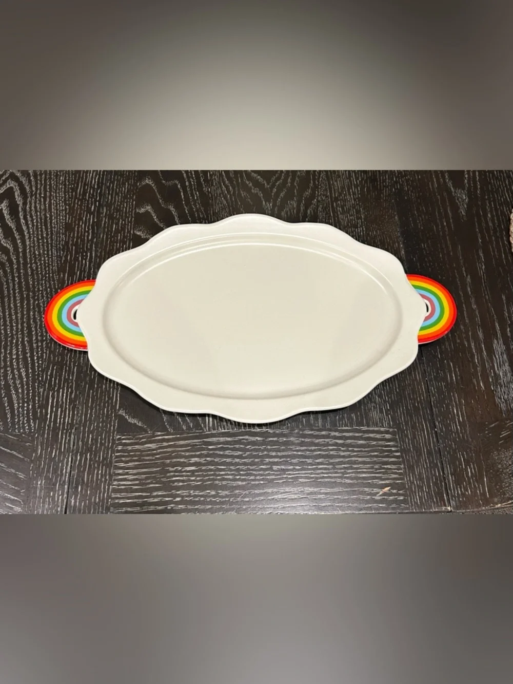 Target Threshold Oval Stoneware Scalloped Serving Tray Rainbow Handles NEW