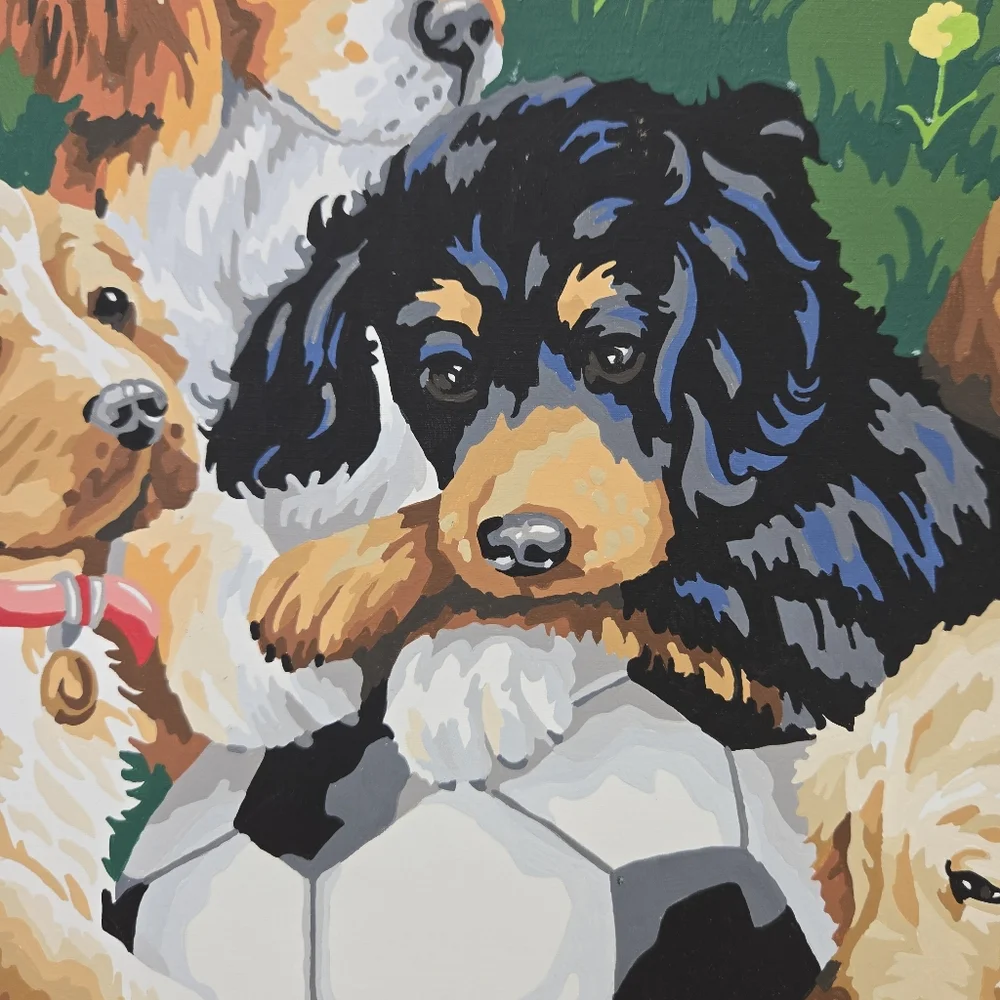 VTG Puppies and Soccer Paint By Number Finished Acrylic‎ Painting 14x20 Retriver