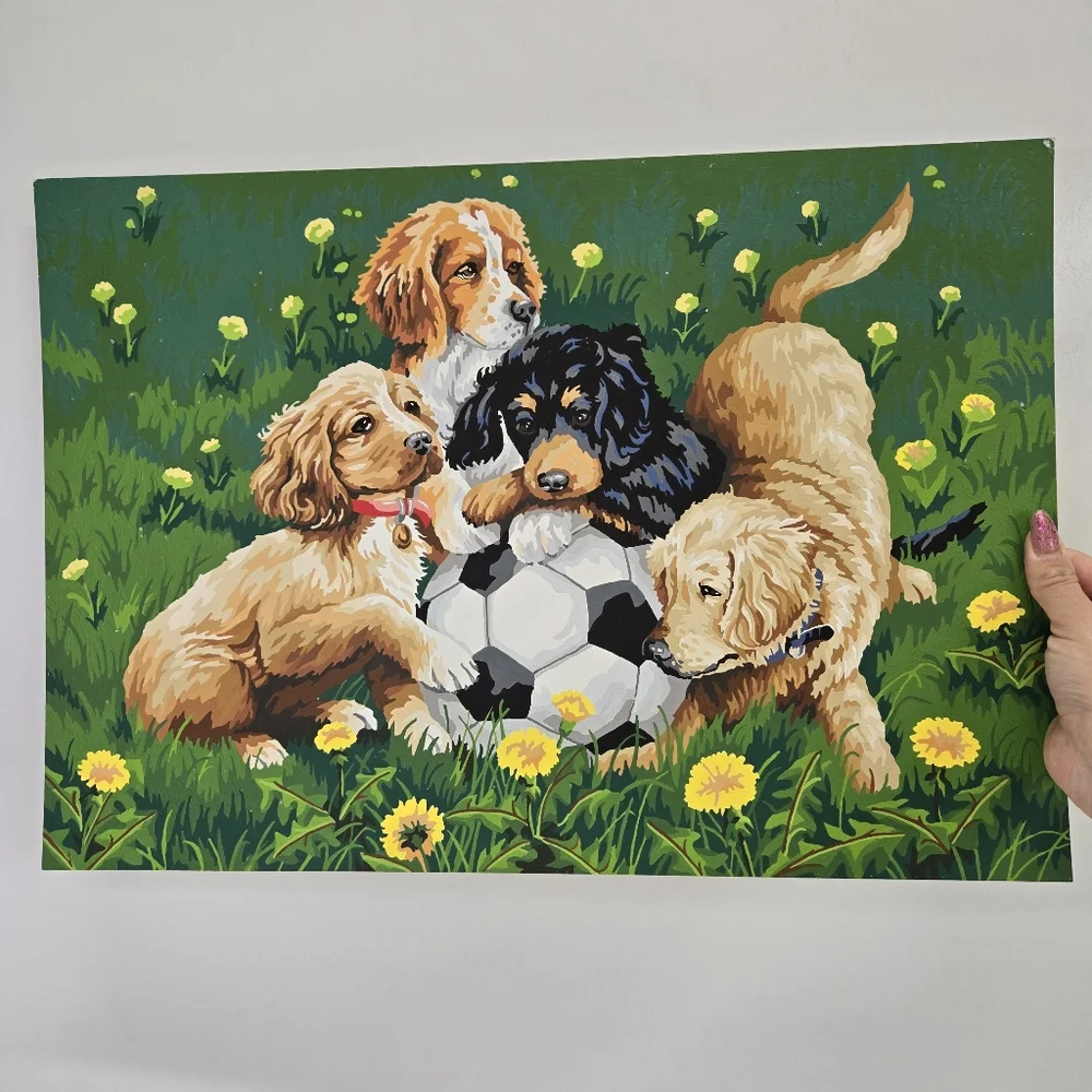 VTG Puppies and Soccer Paint By Number Finished Acrylic‎ Painting 14x20 Retriver