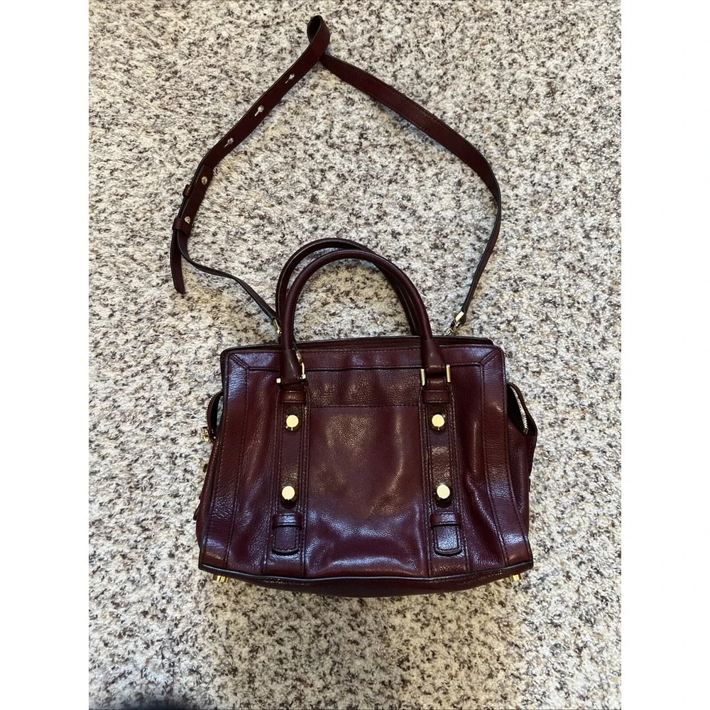 Michael Kors Tote Womens Burgundy Berry Zip Handbag Leather Trim Shoulder Straps