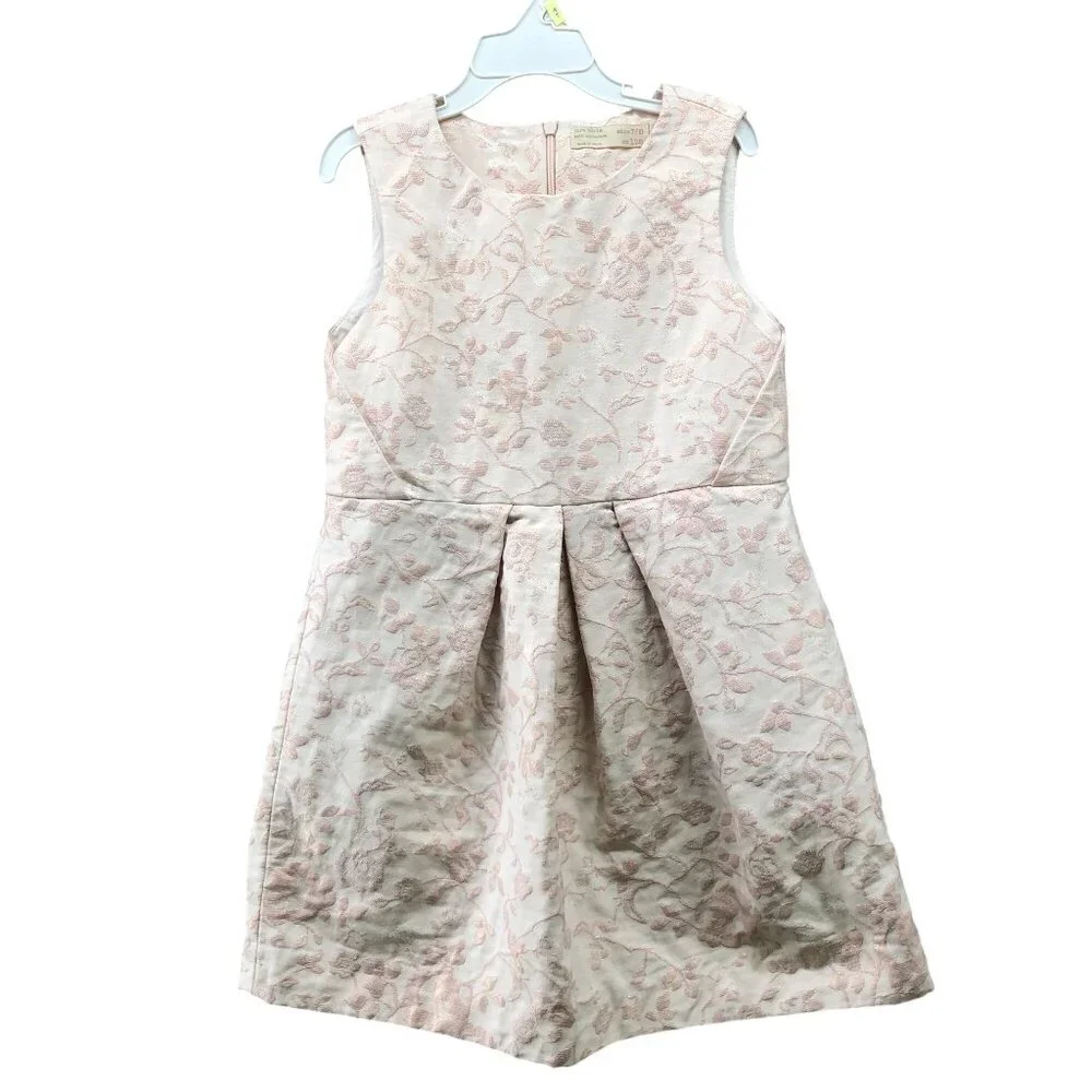 Zara Girls 7/8 Party Dress Pink Floral Jacquard Pleated Sleeveless A-Line Formal