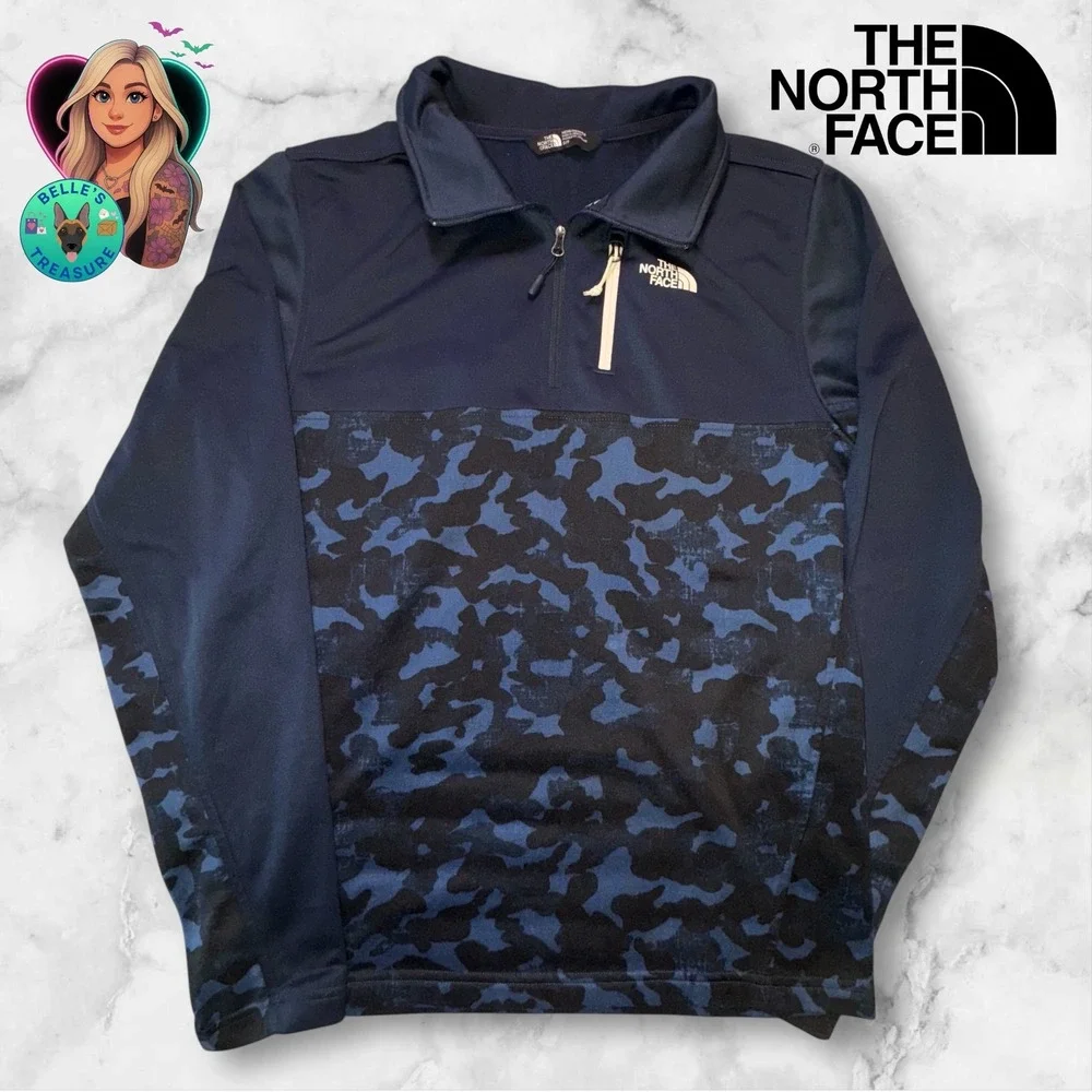 The North Face Jacket Mens S Blue Camo Canyonlands 1/4 QZip Pullover Soft fleece