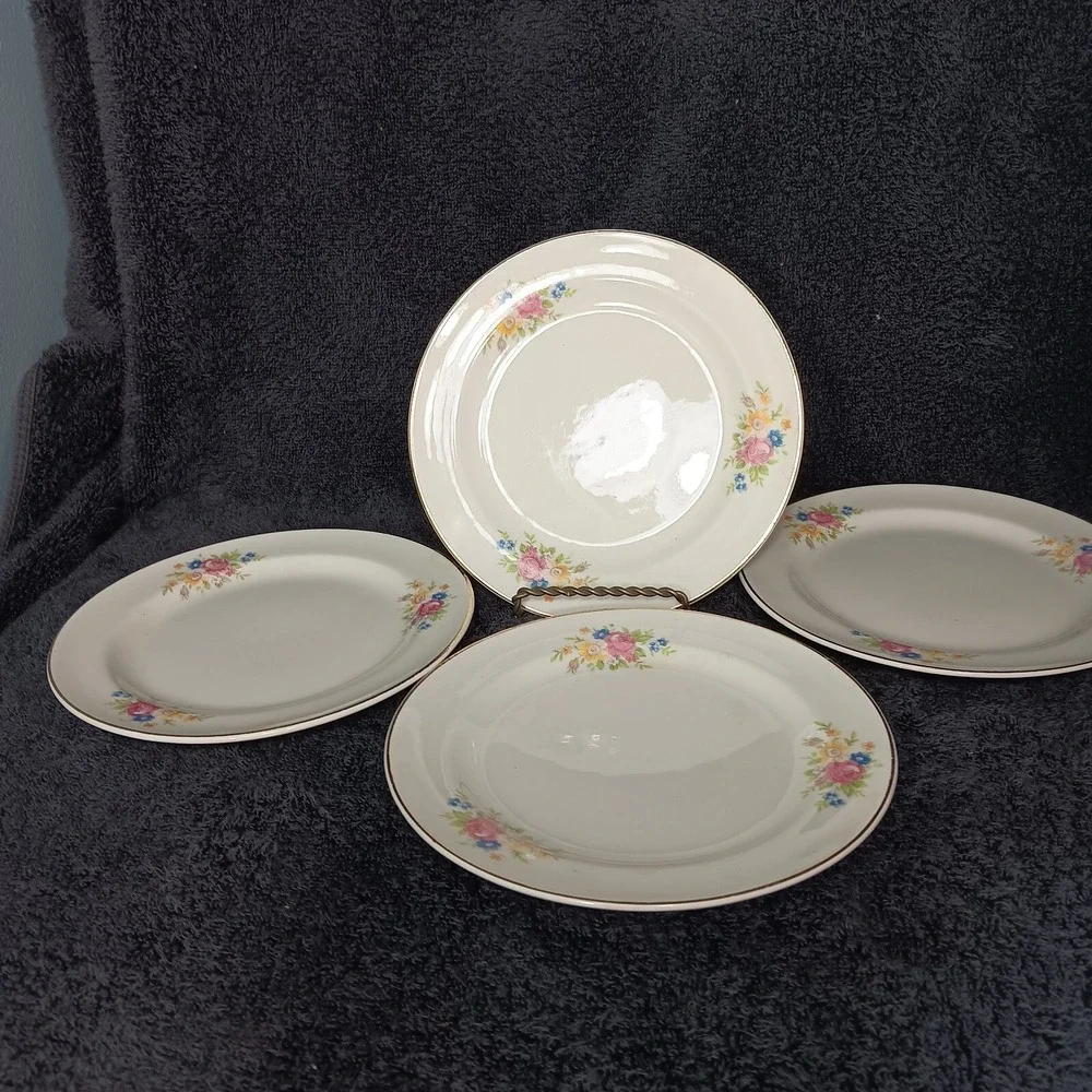 Set of 4 Cronin‎ China Co Gold Rimmed Floral Saucers Mionerva Ohio 42 55 NB #8
