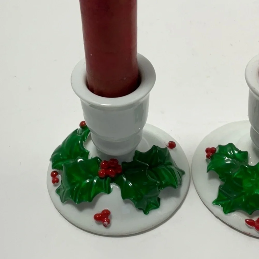 Vintage Christmas Holly & Berries Candleholders Set of 2