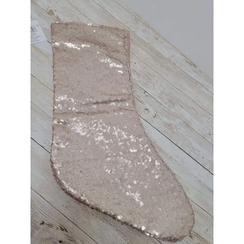 Gold Pink Frosted Forest Sequin Christmas Stocking Champange Sequins 17” New‎