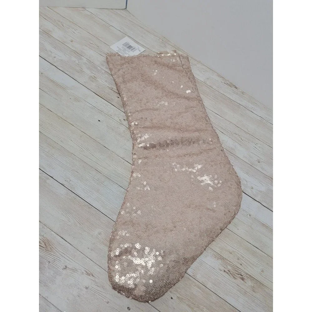 Gold Pink Frosted Forest Sequin Christmas Stocking Champange Sequins 17” New‎