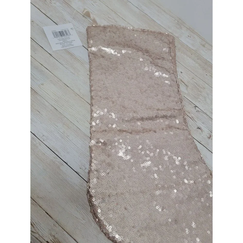 Gold Pink Frosted Forest Sequin Christmas Stocking Champange Sequins 17” New‎
