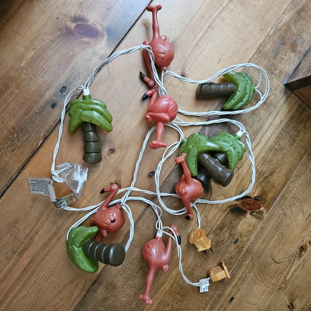 Vintage Flamingo & Palm Tree Patio String Lights Set 5 Ft Tropical Tested‎