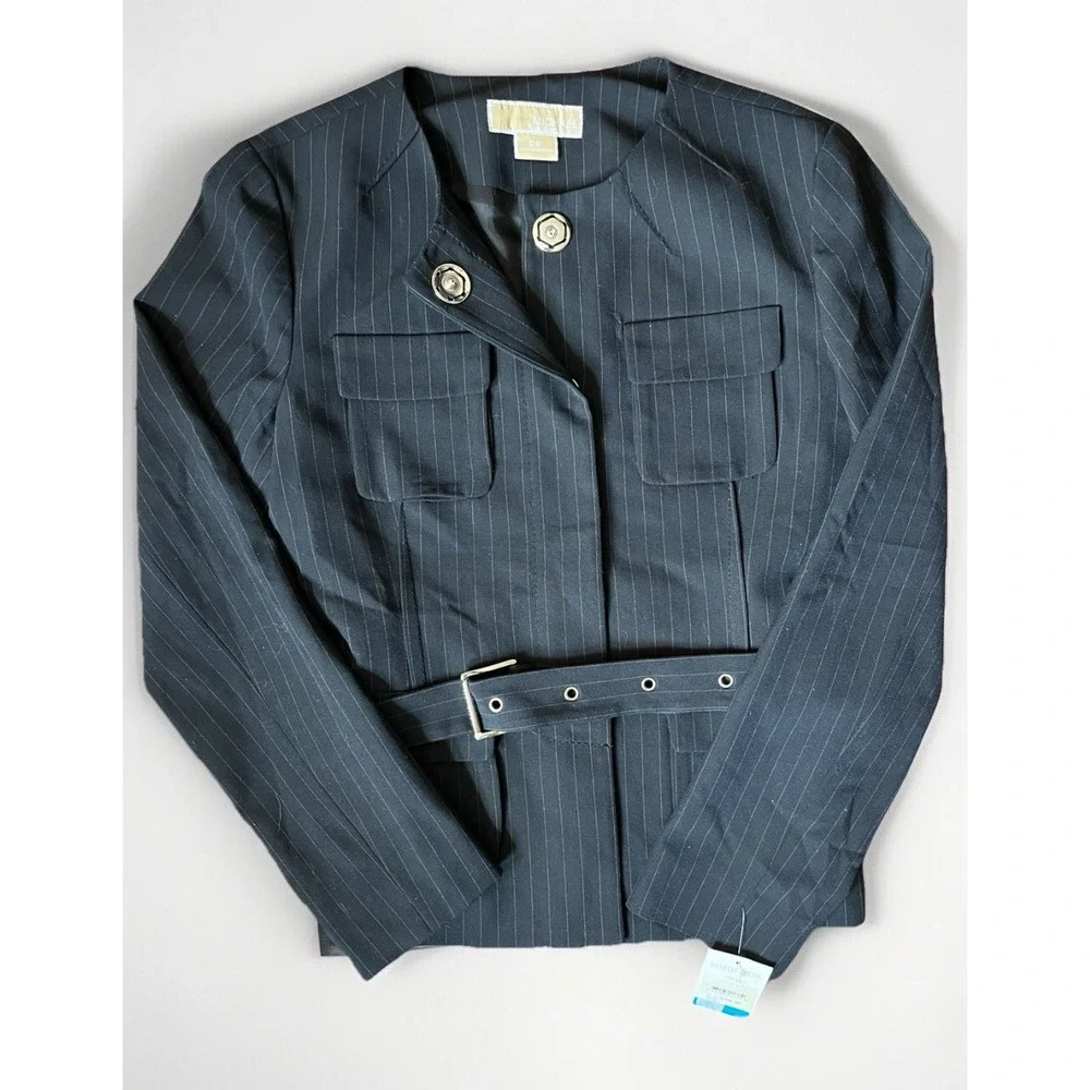 NEW Michael Kors Dark Navy‎ Blue Blazer Jacket Belted women SZ 2P