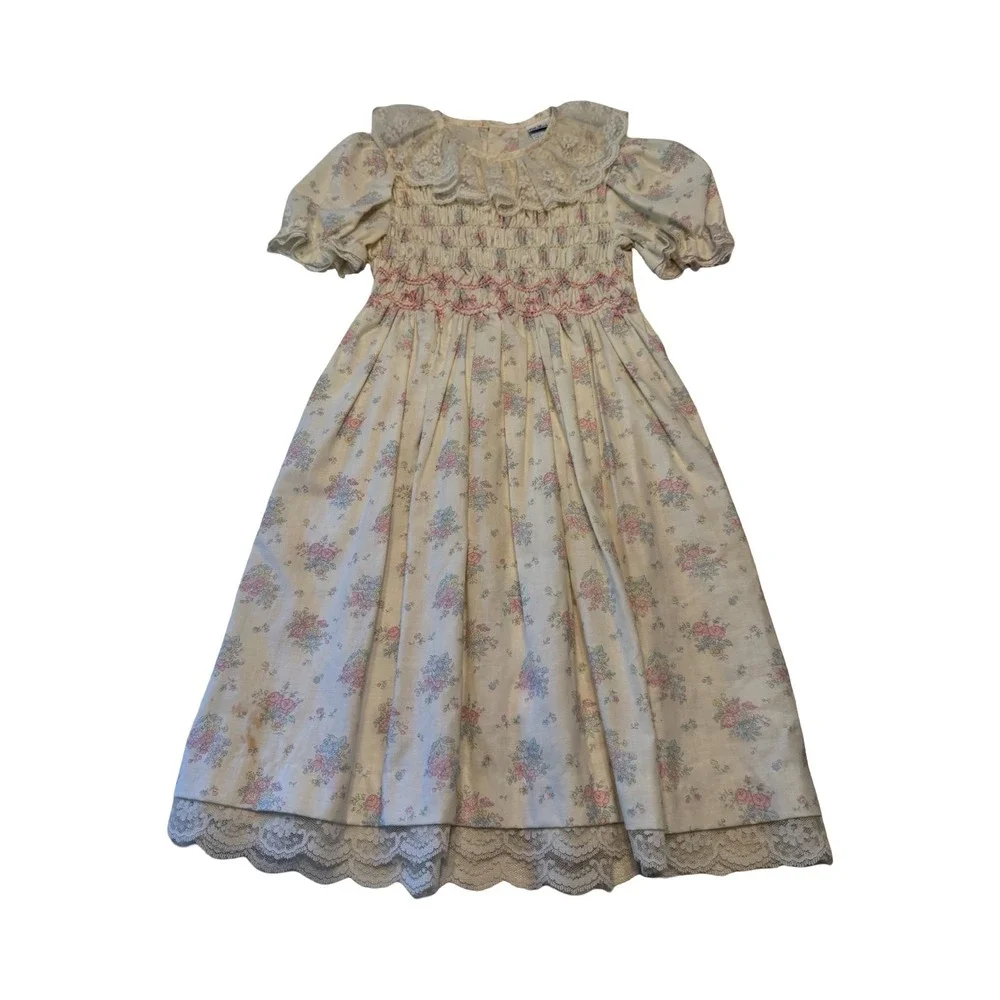 Polly Flinders Vintage Girls Smocked Floral Lace‎ Dress Size 8 Pink Blue Cream