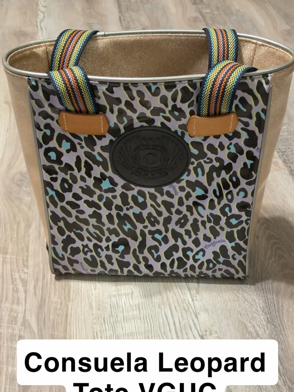 Consuela Leopard Print Tote with Rainbow Straps and Gold Interior