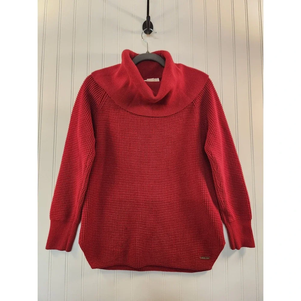 Michael Kors Women's Red Waffle Knit Cowl Neck Sweater Size M Warm Cozy‎ Classic
