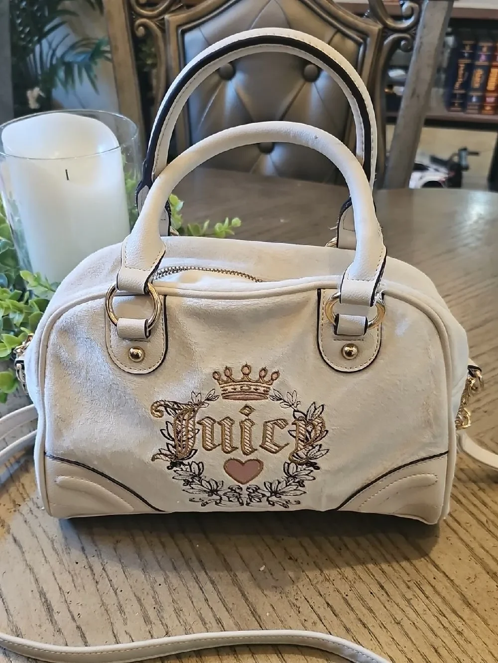 Juicy Couture Cream Embroidered Satchel Crossbody with Gold Accents