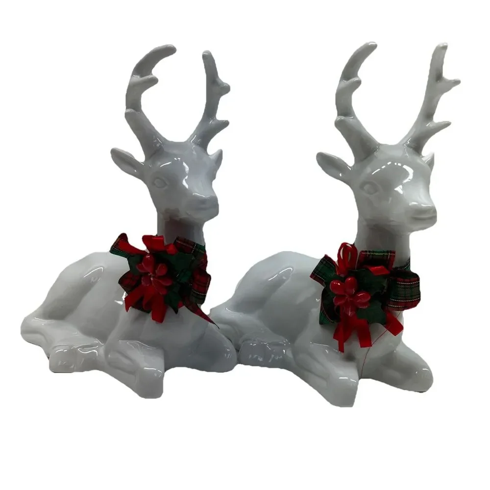 Pair (2) White Ceramic Glazed Christmas Deer Figurines‎ - House of Lloyd